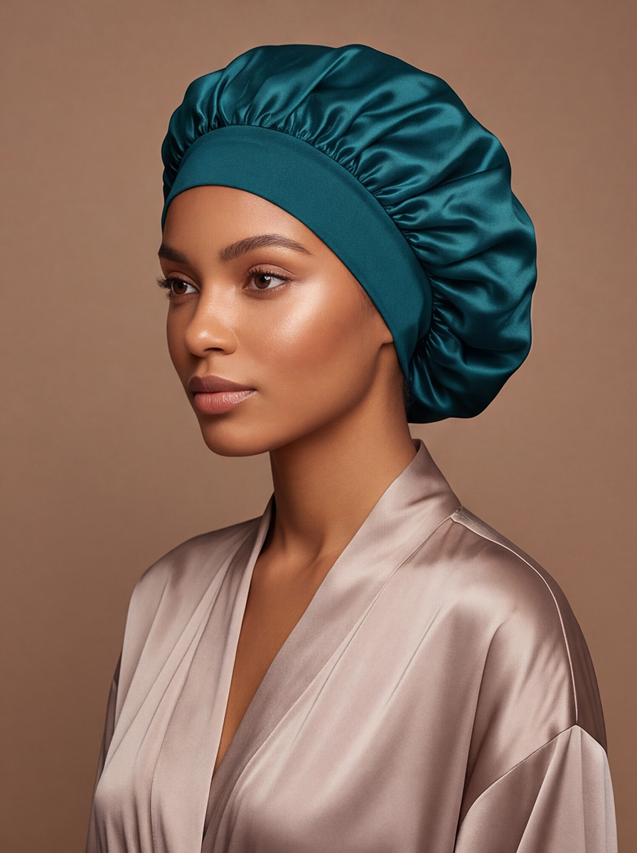 Teal Satin Bonnet – Saint Durag – lifestyle view