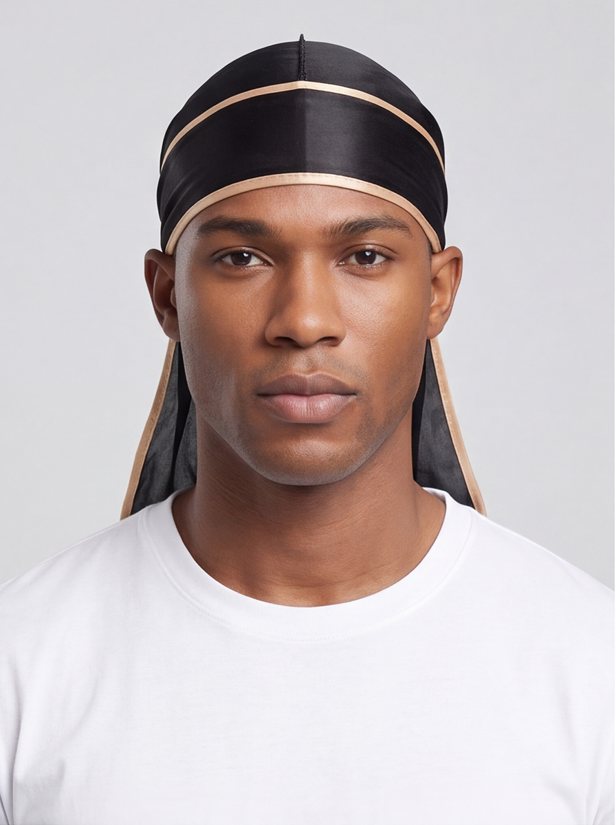 Black & Gold Satin Durag – Saint Durag – front view