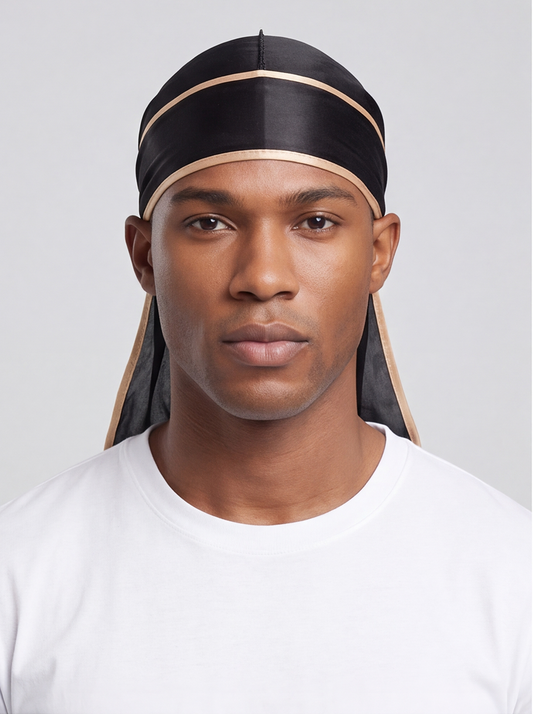 Black & Gold Satin Durag – Saint Durag – front view