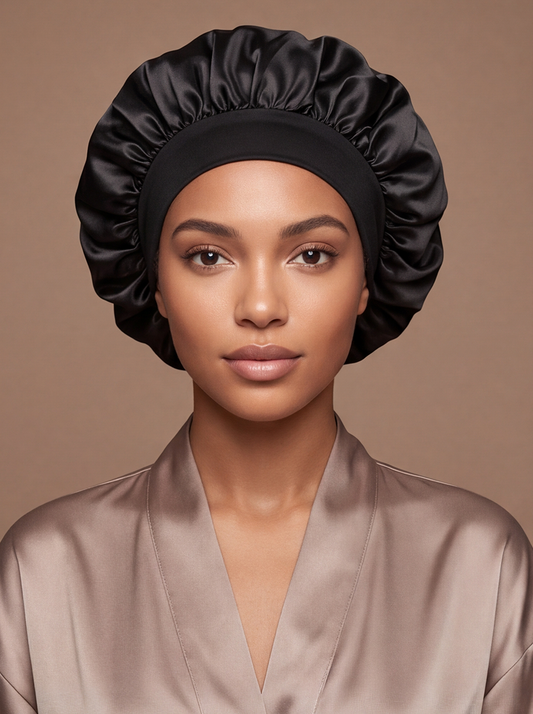 Black Satin Bonnet – Saint Durag – front view