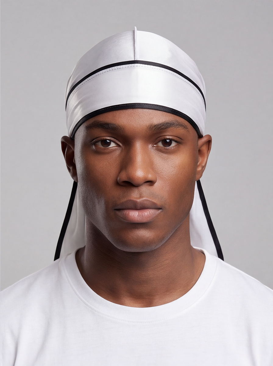 White & Black Satin Durag – Saint Durag – front view