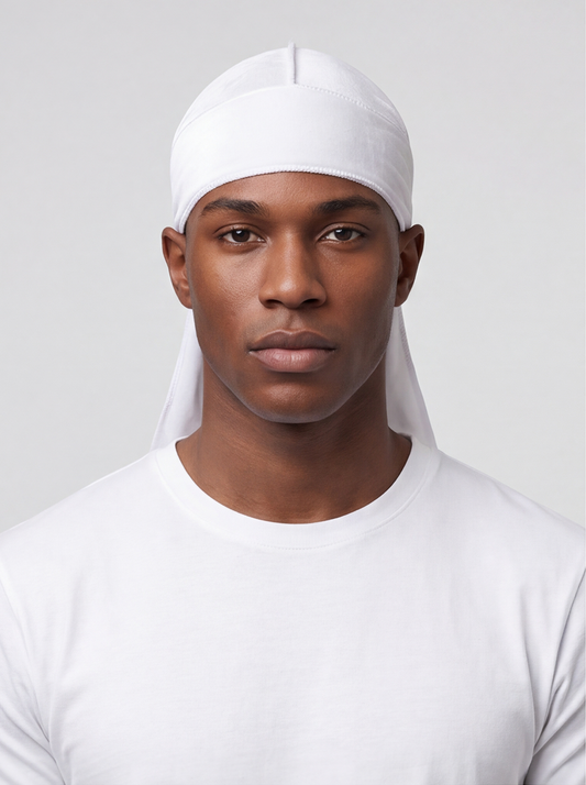 White Velvet Durag – Saint Durag – front view