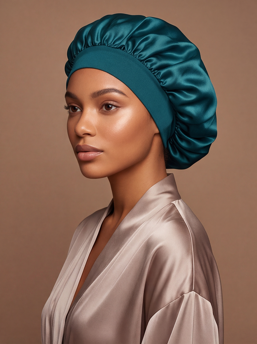 Teal Satin Bonnet – Saint Durag – side view