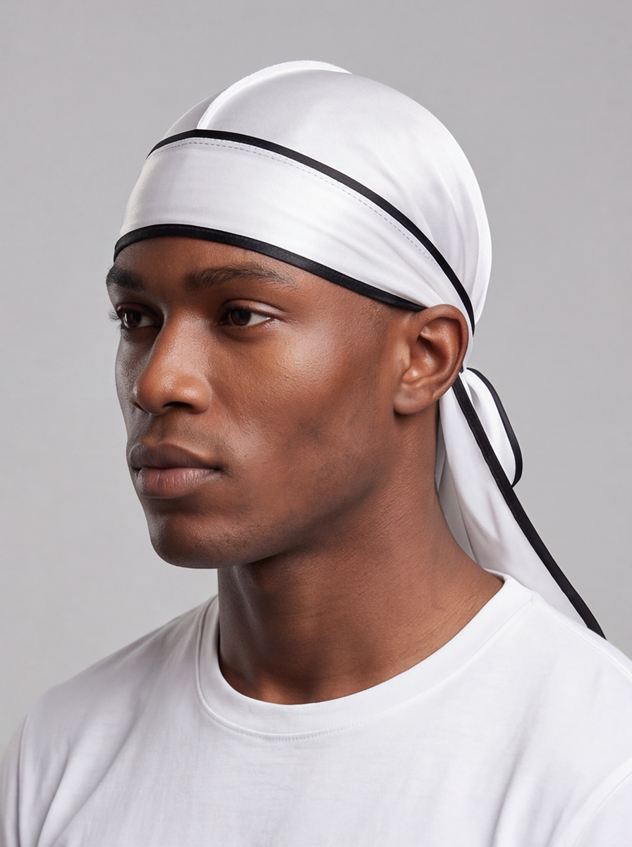 White & Black Satin Durag – Saint Durag – detail view