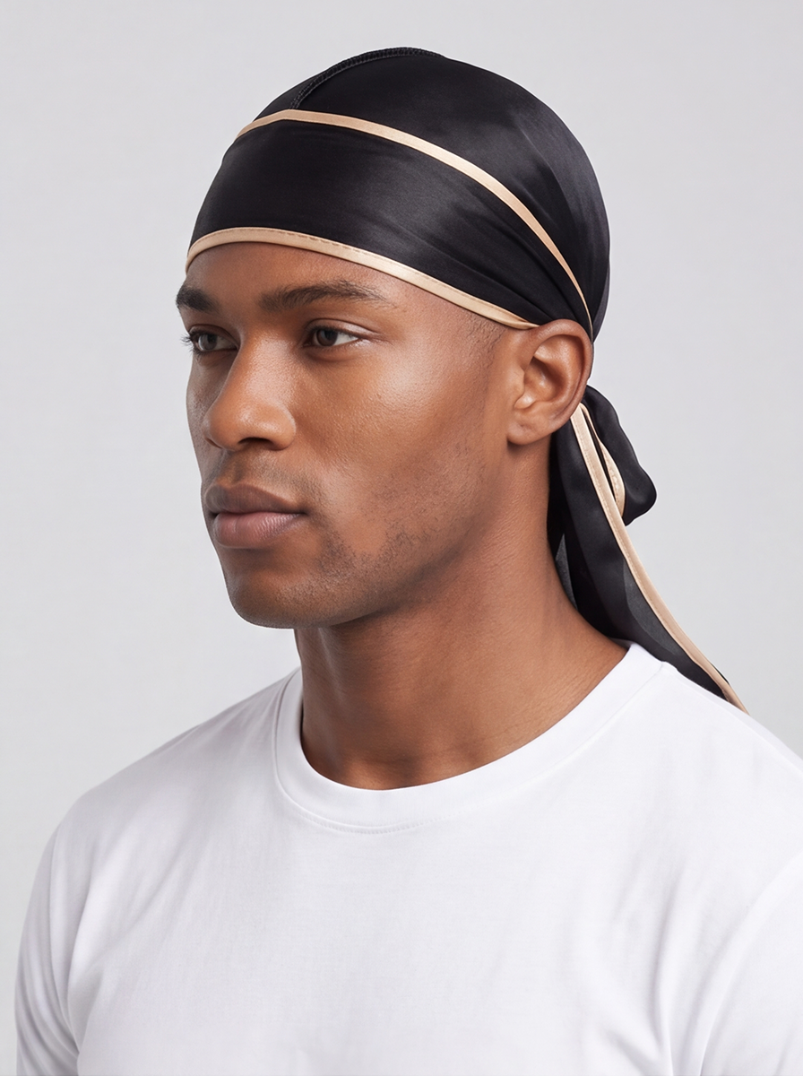 Black & Gold Satin Durag – Saint Durag – side view