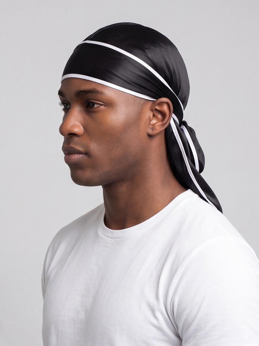 Black & White Satin Durag – Saint Durag – detail view