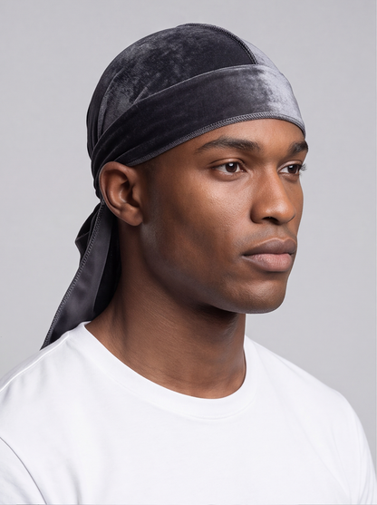 Grey Velvet Durag – Saint Durag – lifestyle view