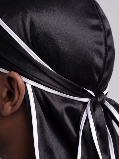 Black & White Satin Durag – Saint Durag – lifestyle view