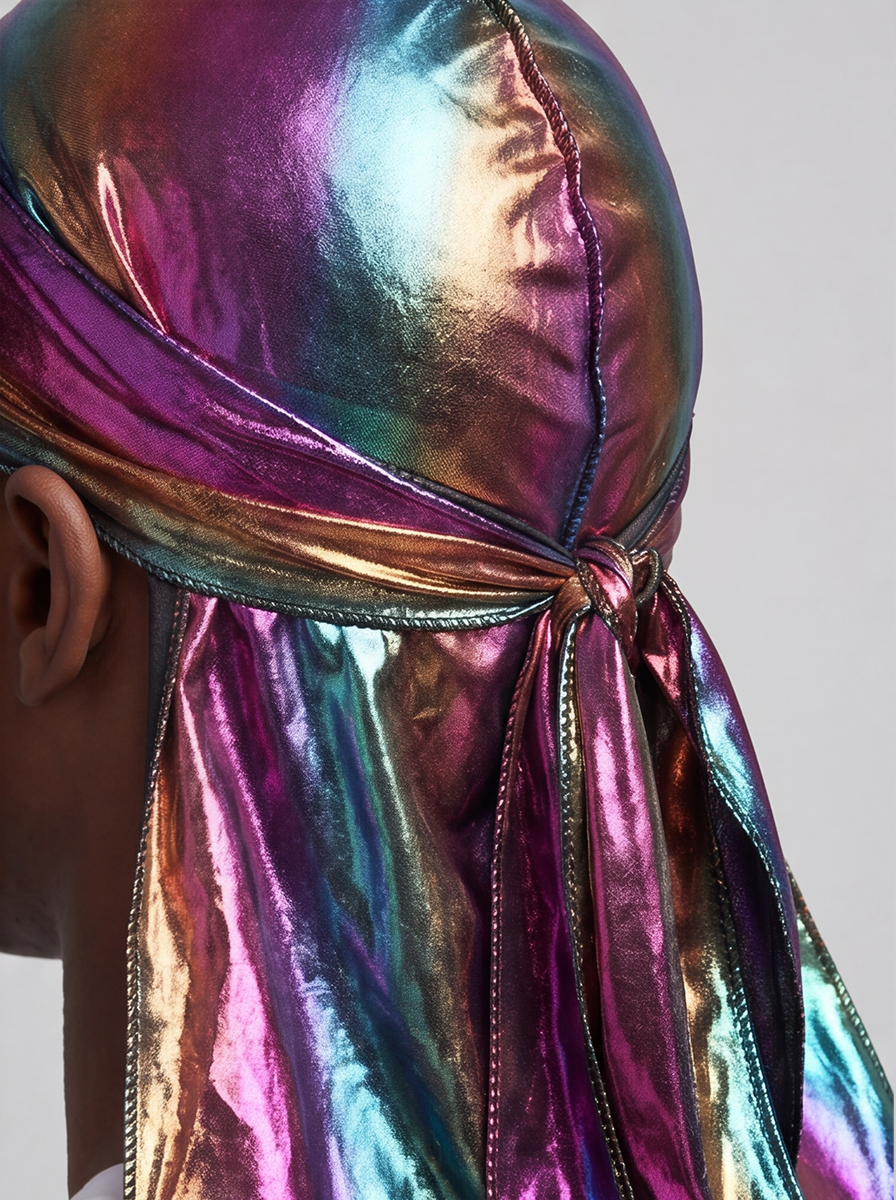 Multicoloured Holographic Durag – Saint Durag – lifestyle view