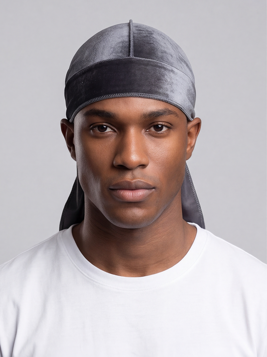 Grey Velvet Durag – Saint Durag – front view
