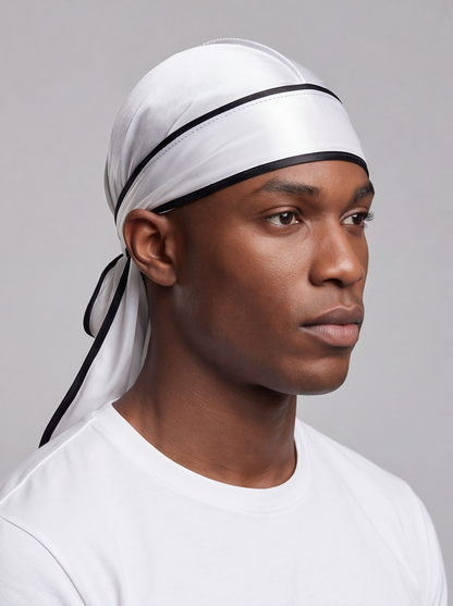 White & Black Satin Durag – Saint Durag – side view