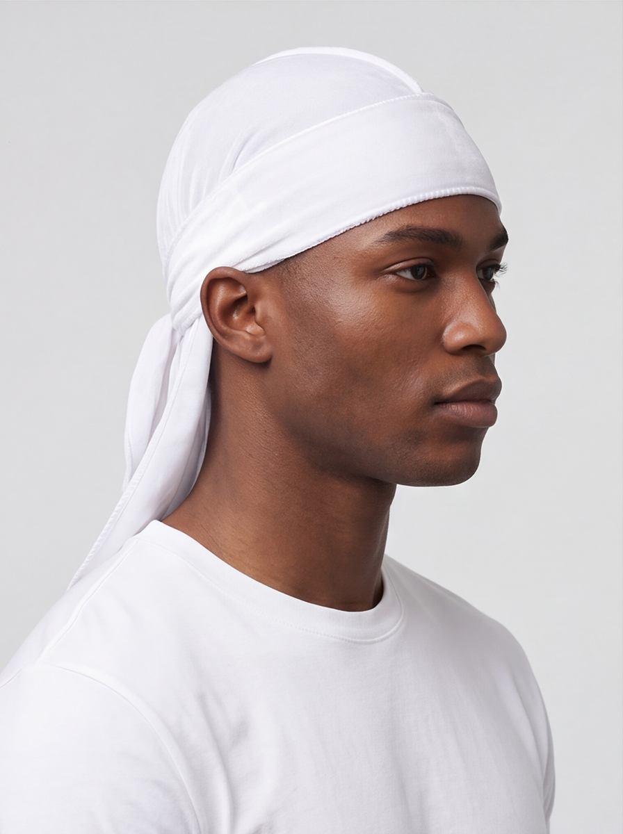 White Velvet Durag – Saint Durag – detail view