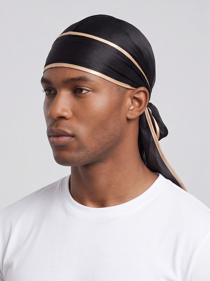 Black & Gold Satin Durag – Saint Durag – detail view