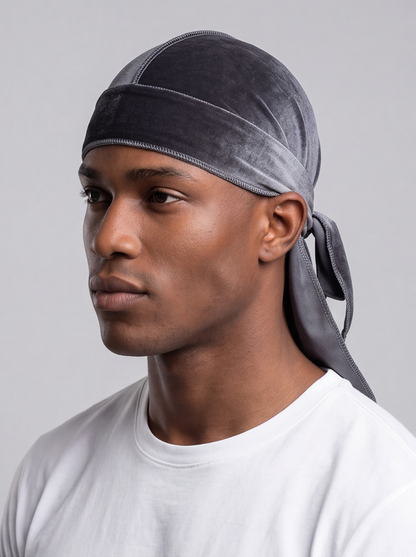 Grey Velvet Durag – Saint Durag – detail view