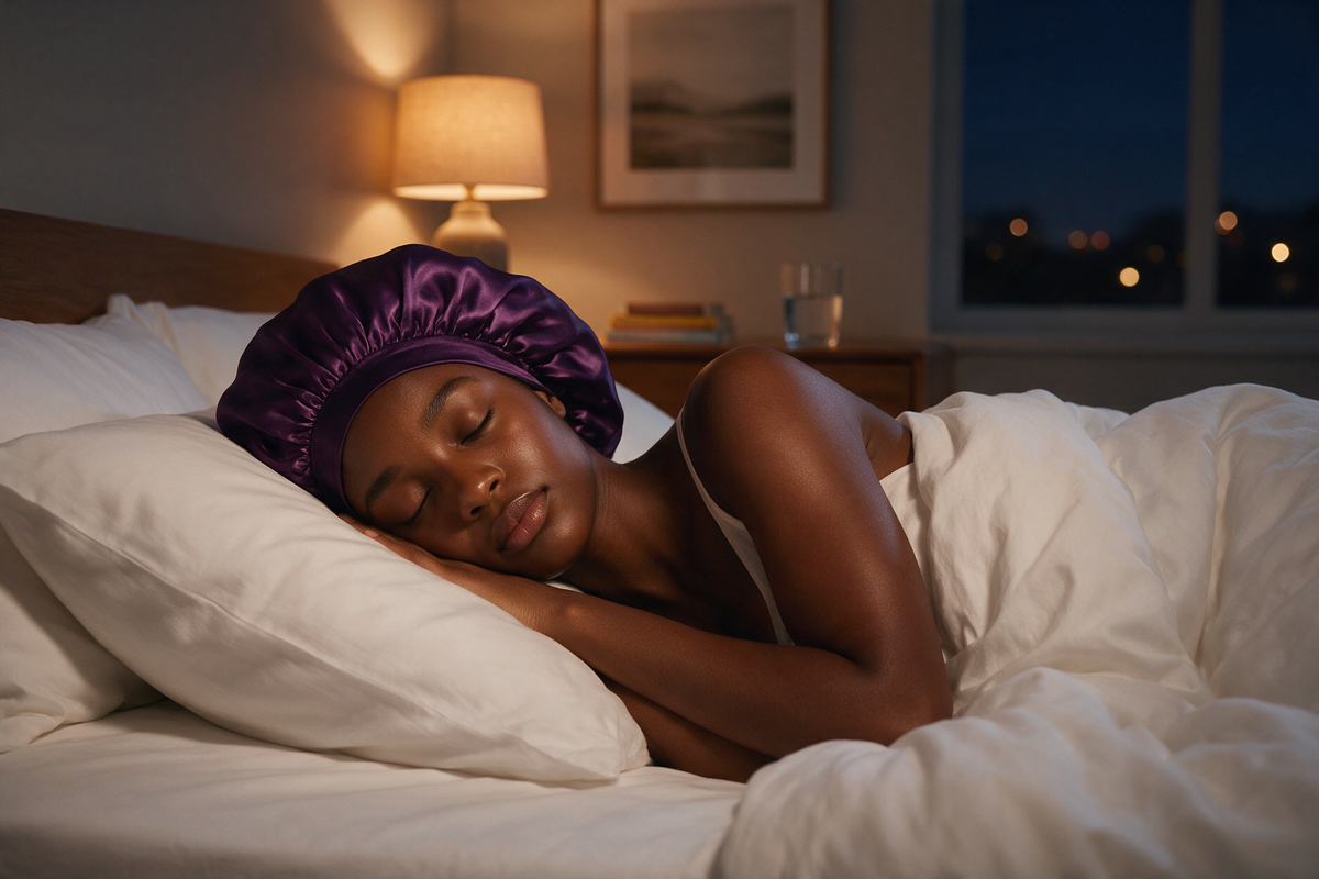 Woman sleeping in a purple satin Saint Durag bonnet on white linen