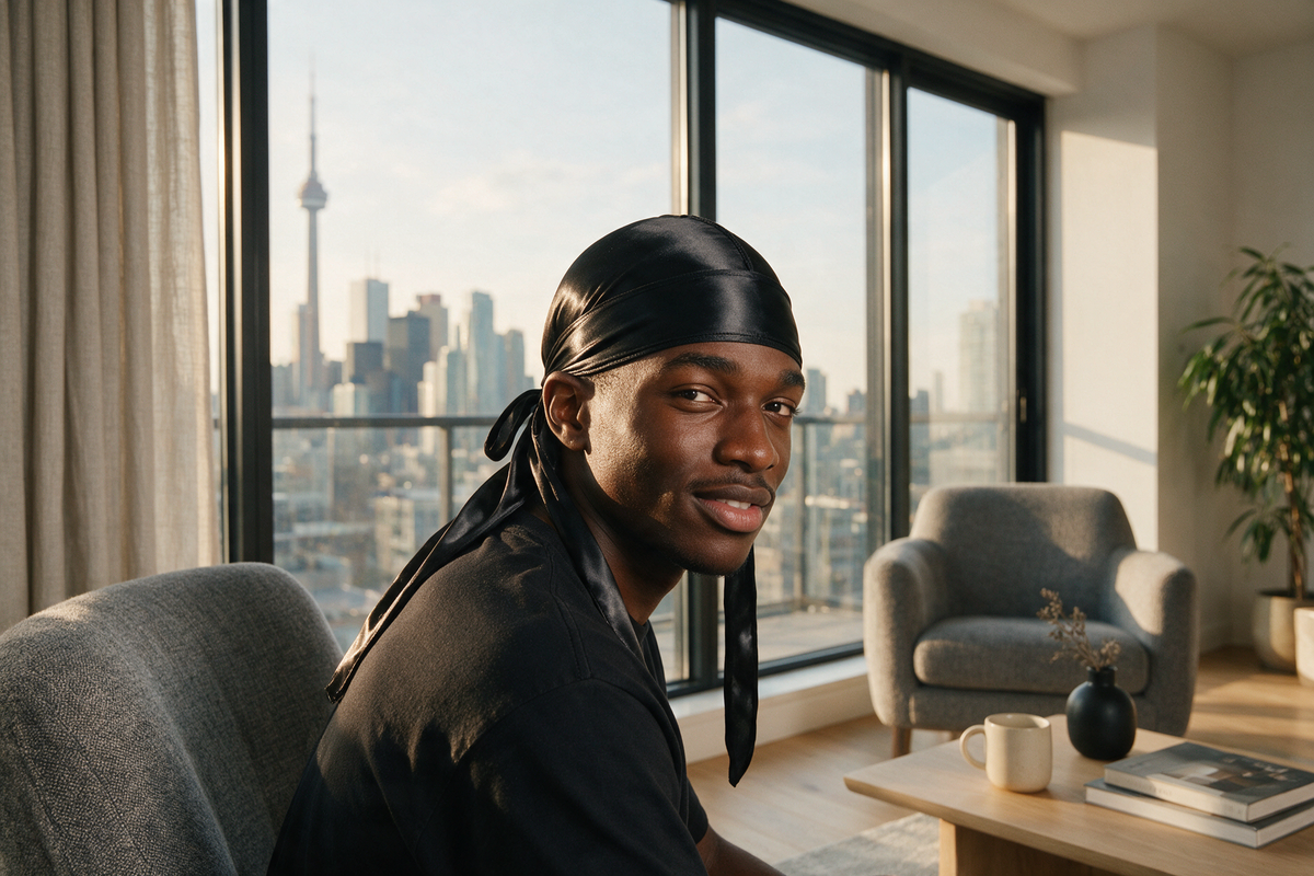 Man wearing a black satin Saint Durag durag by a window at golden hour